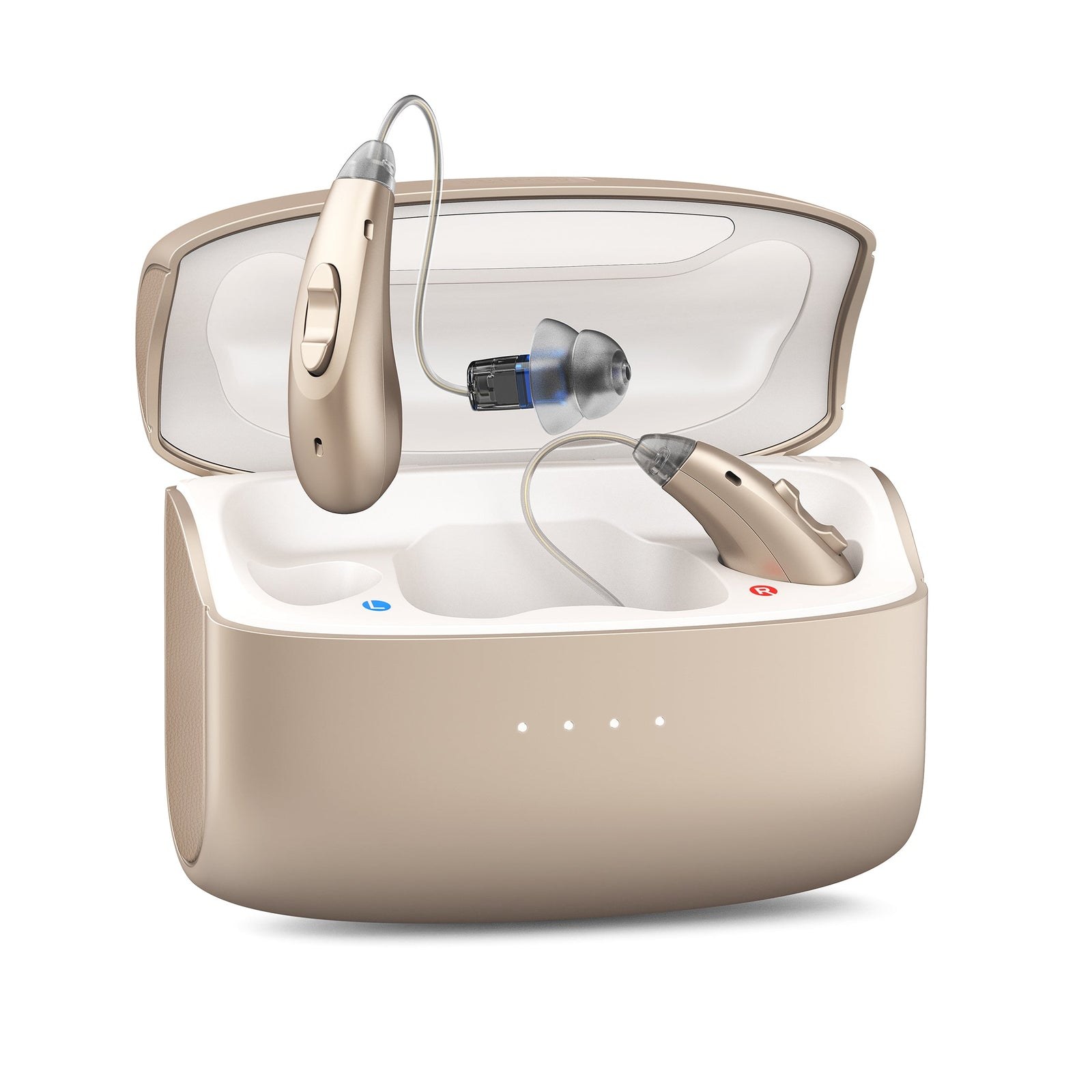 Earnest One hearing aids in their charging case